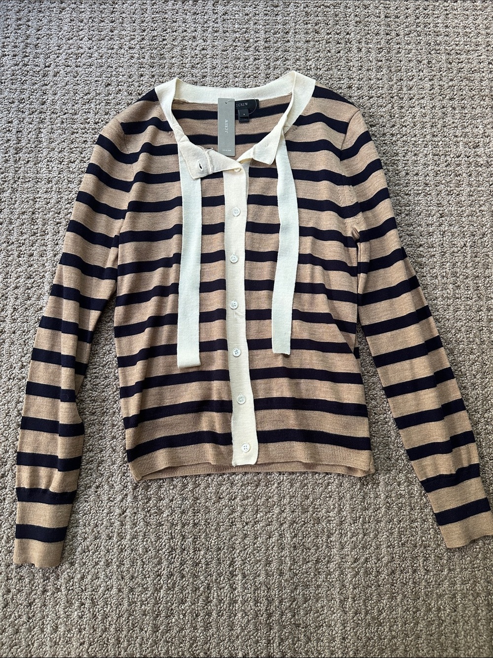J. Crew Navy and Camel Striped Tie-Front Cardigan